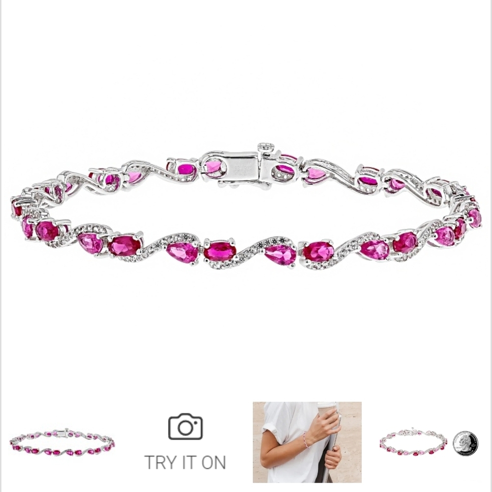 LAB RUBY bracelet, PEAR SHAPE LAB PINK SAPPHIRE & WHITE SAPHIRE 8 inch